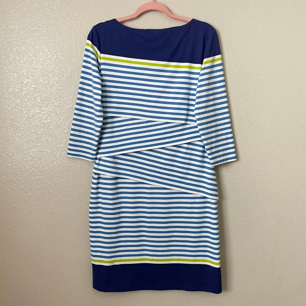 J. McLaughlin Dress Womens Large Blue Catalina Cloth Striped 3/4 Sleeve‎ Layered